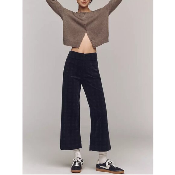 Anthropologie Maeve The Colette Cropped Wide Leg Corduroy Plaid Pants Black 27 - Picture 4 of 13